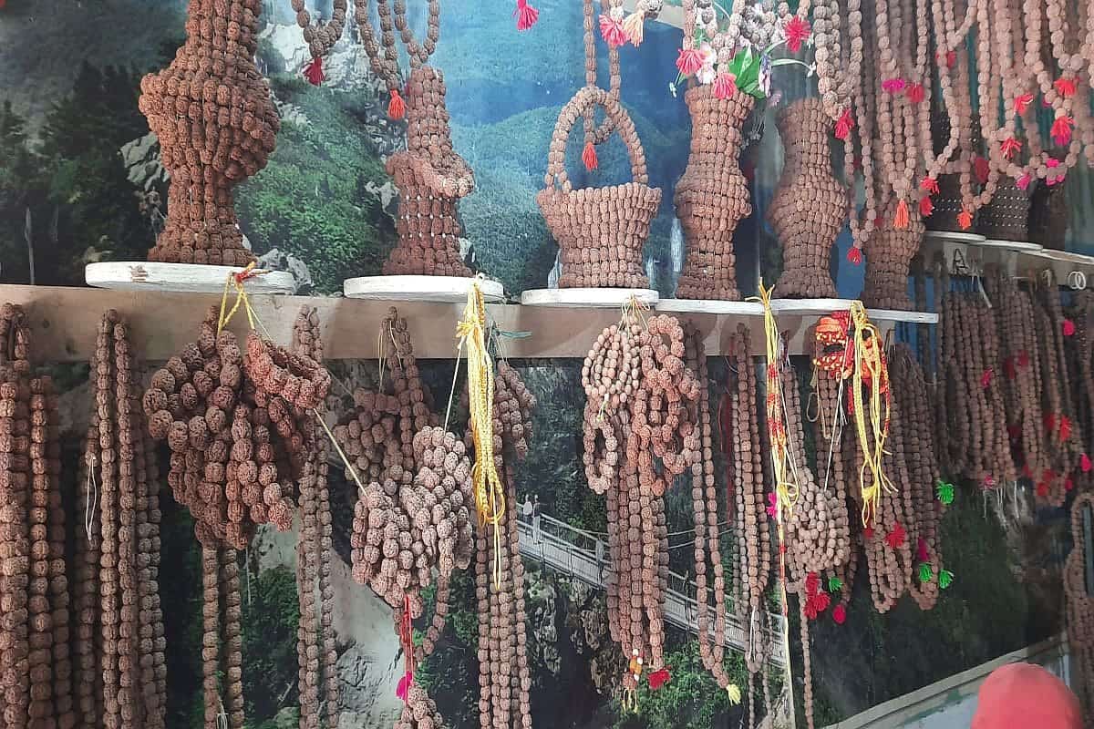 Locally made Rudraksha bead products displayed during a community-based trek in Nepal