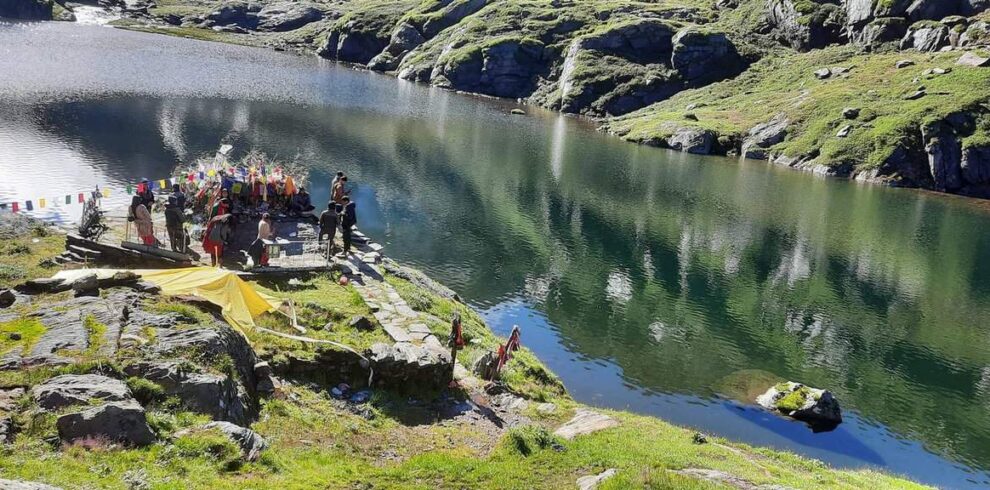 Pilgrims gathered at the shores of the sacred Sabha Pokhari Lake during the Sabha Pokhari Trek in eastern Nepal