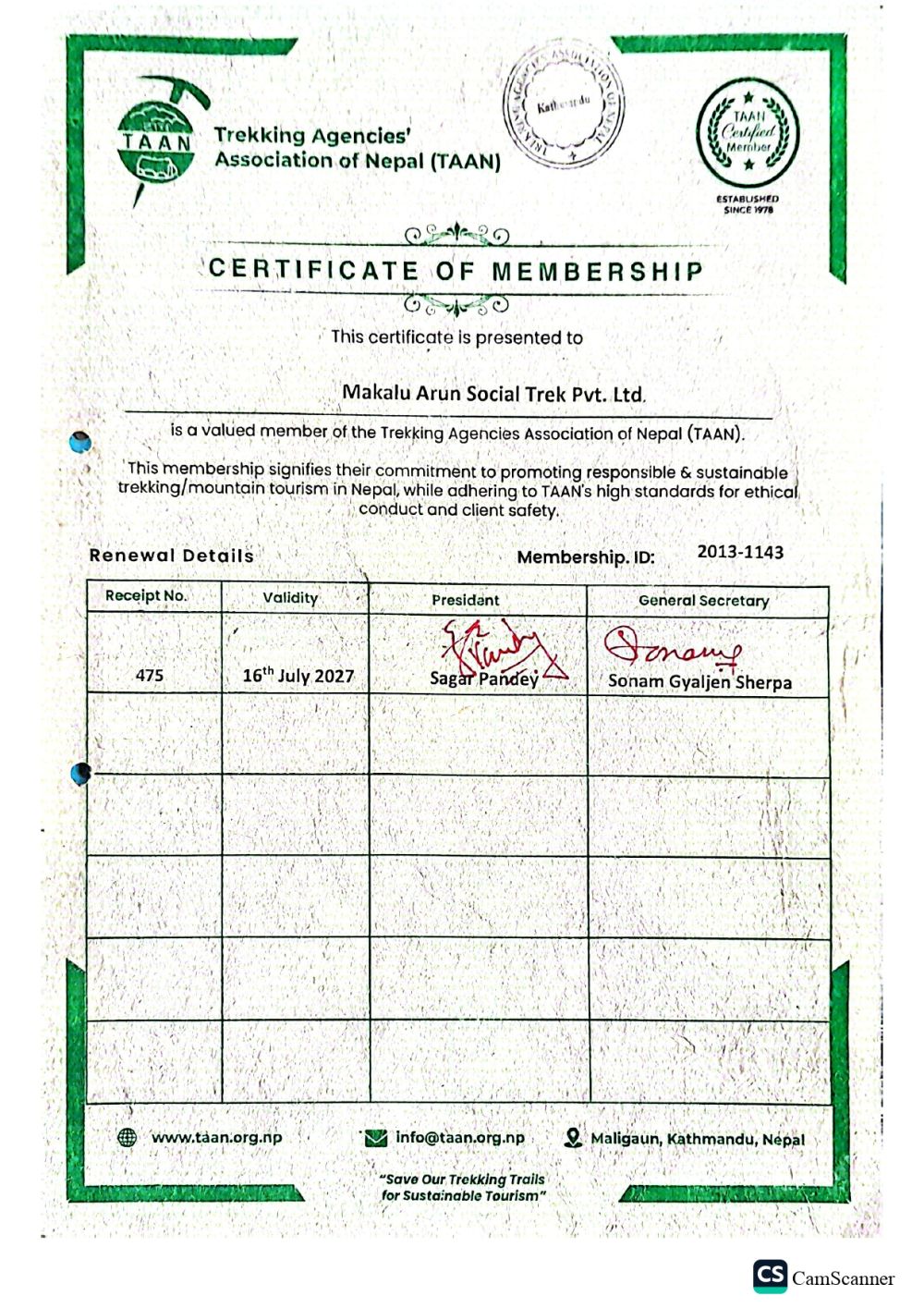 TAAN membership certificate of Makalu Arun Social Trek