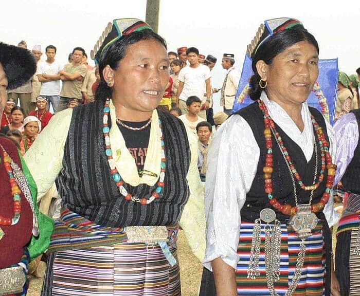 Bhotiya Women from a village at Upper Arun Valley in Nepal Enjoying their Traditional Dance. Valley Culture