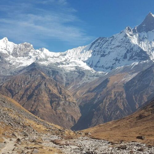 Machhapuchhre (Fishtail) and snowy Himalayan peaks under a blue sky above the rocky trail to Annapurna Base Camp, Nepal