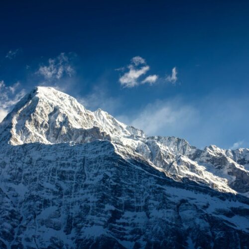 Snow-covered Annapurna South under a deep blue sky, seen from the Mardi Himal Trek, Nepal